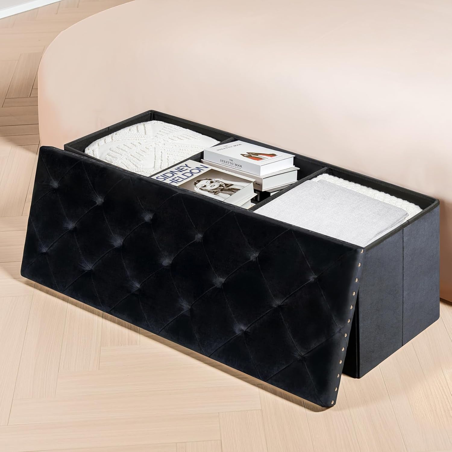 Black Premium Velvet Storage Ottoman Bench Bedroom