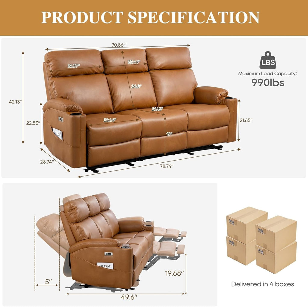 Power Reclining Sofa Brown PU Leather Independent Backrests