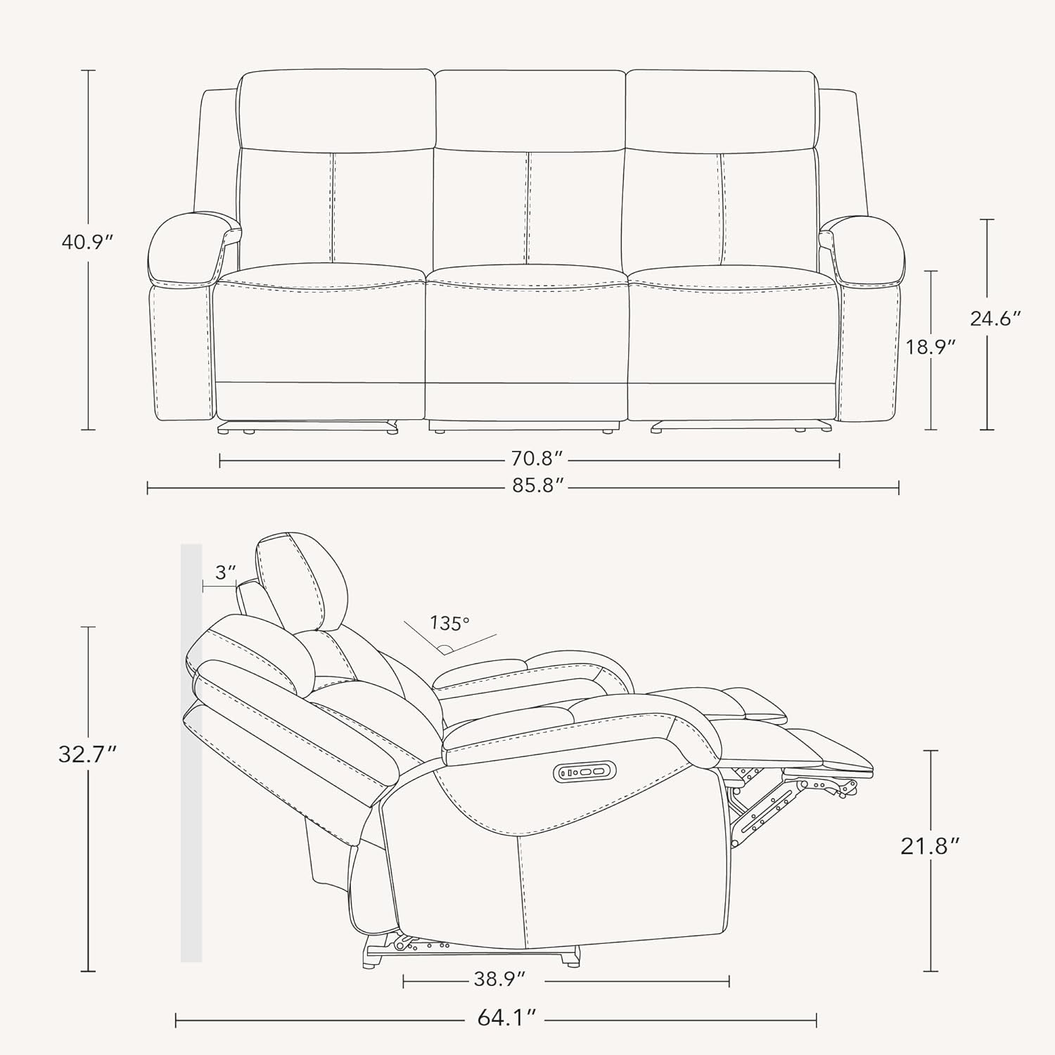 Genuine Leather Power Recliner Sofa 3 Seater USB Ports