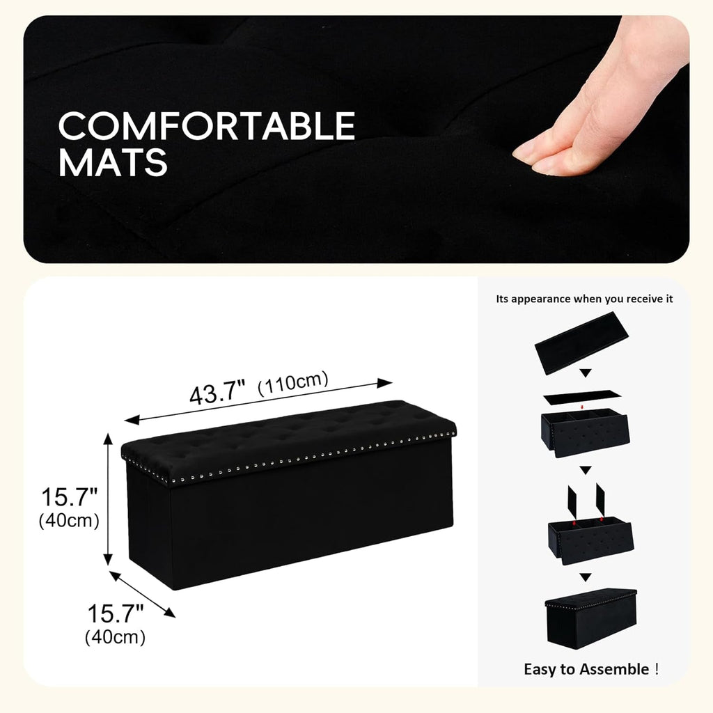 Black Premium Velvet Storage Ottoman Bench Bedroom