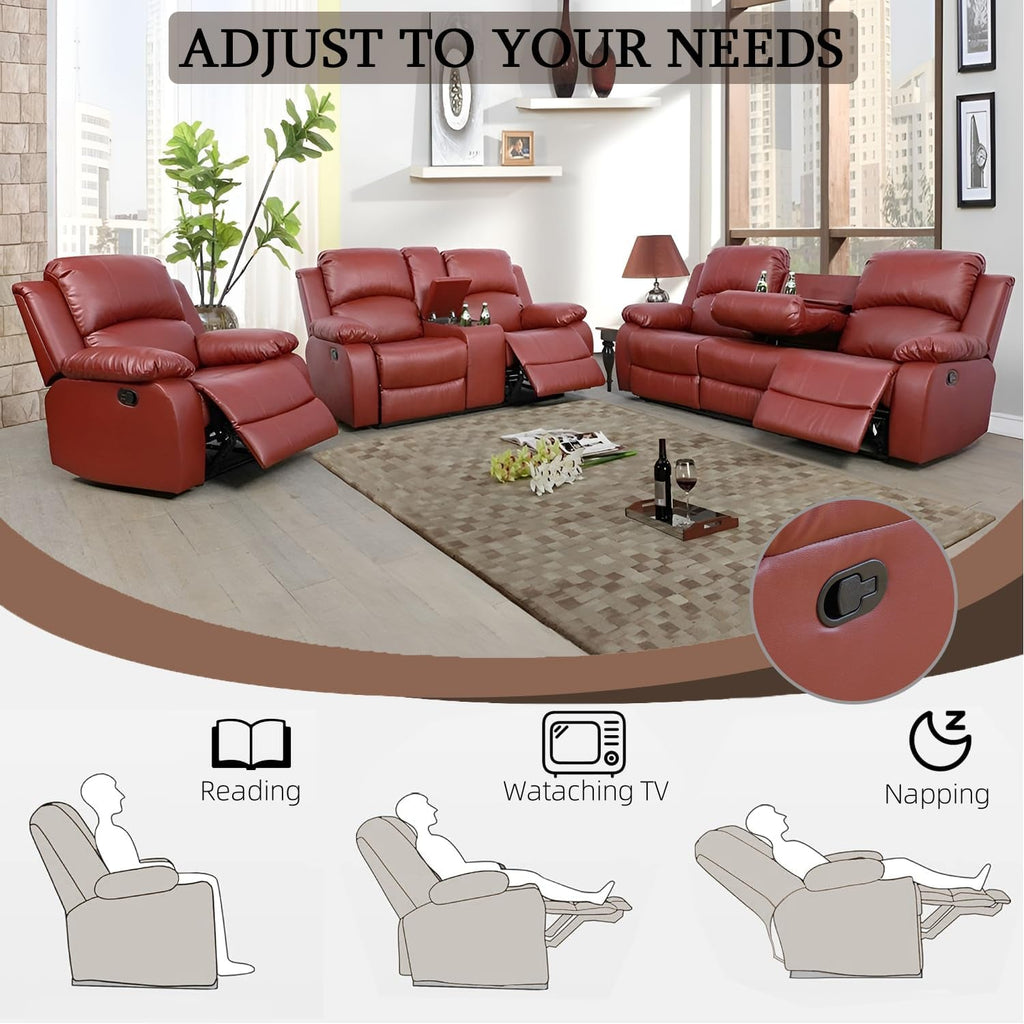 Leather Recliner Sofa Set Red Three Piece Living Room Furniture