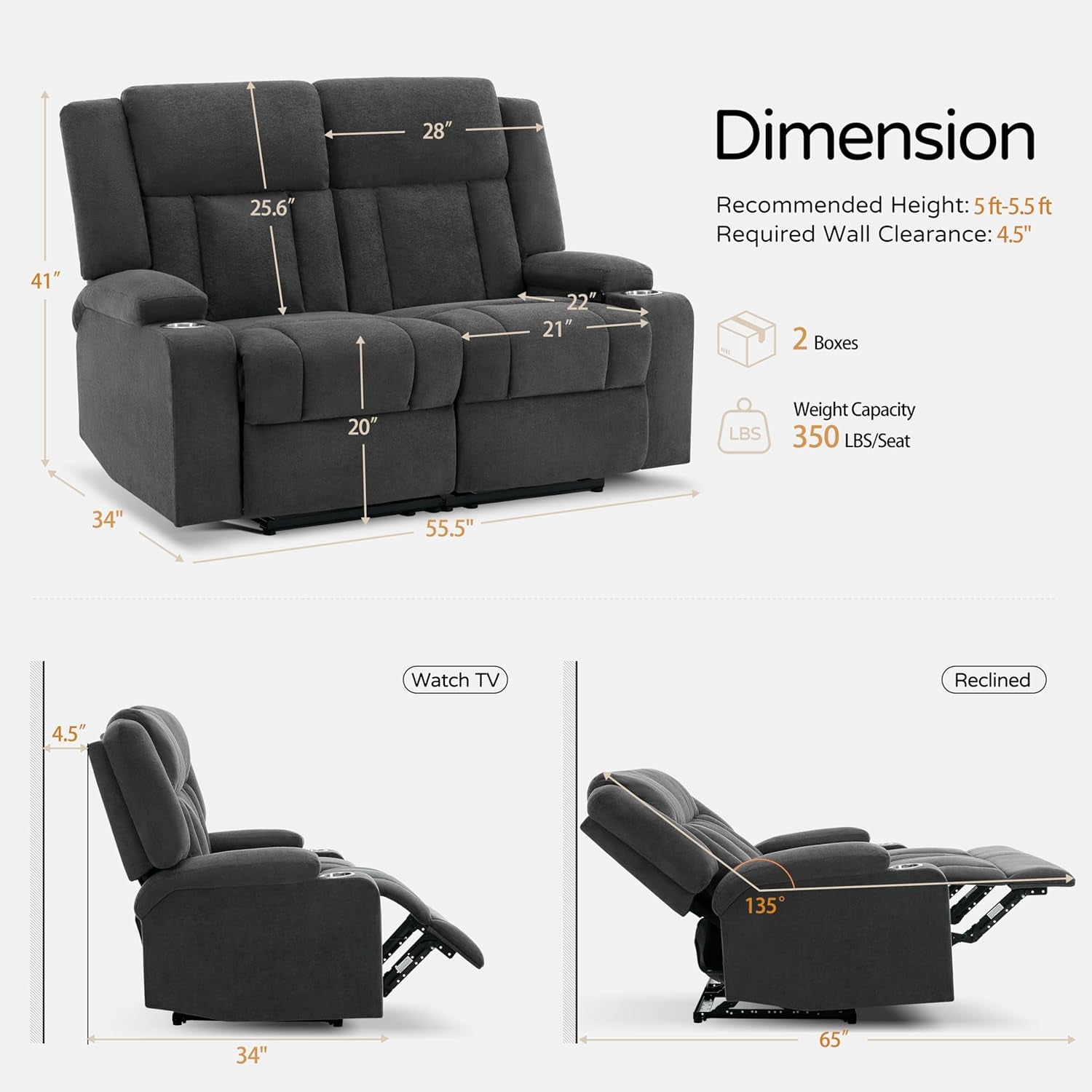 Dark Gray Two Seat Recliner Loveseat With Cup Holders