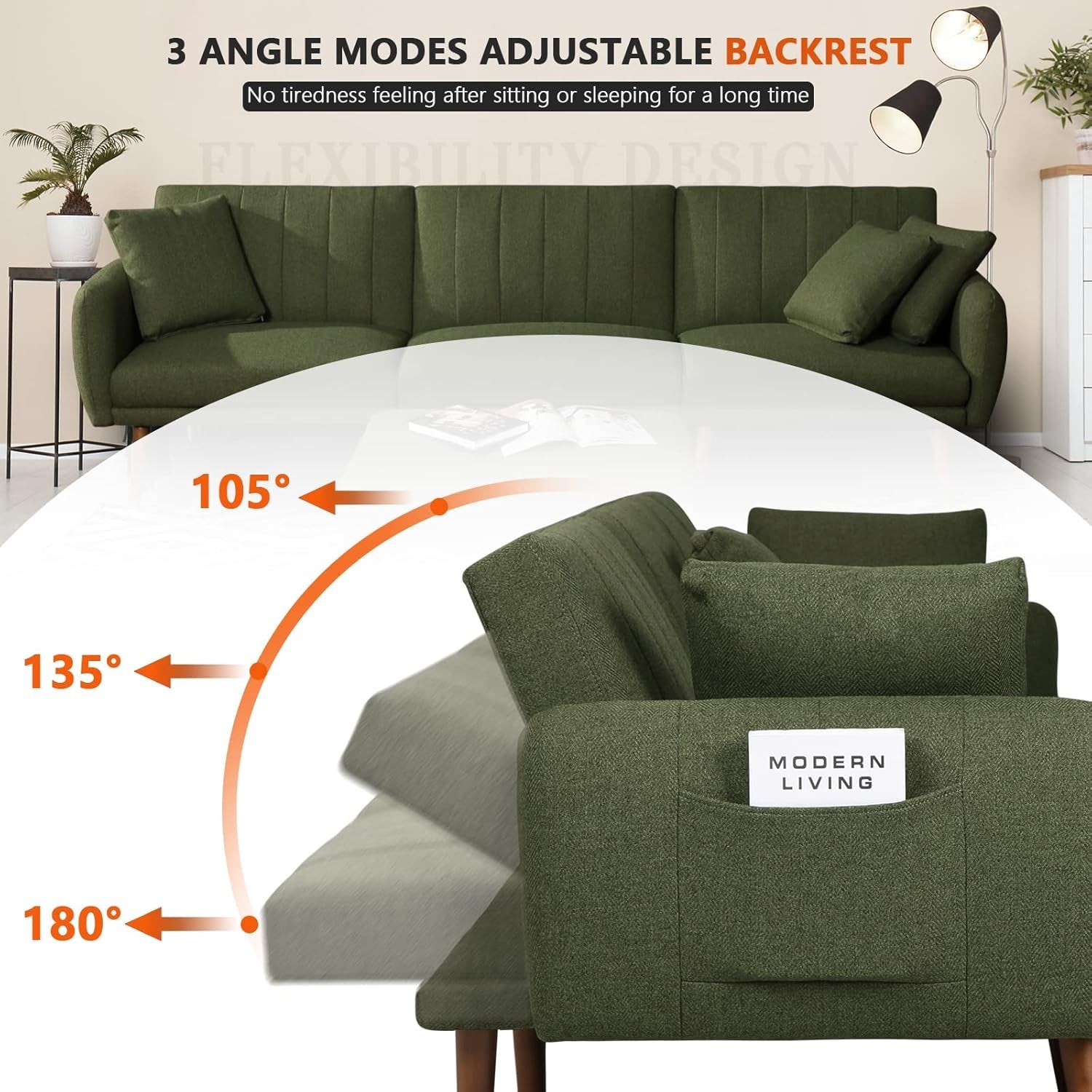 LShaped Linen Sleeper SofaBed With Reclining Backrest