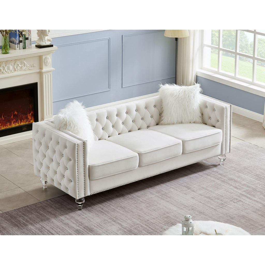 Velvet Upholstery Tufted Sofa Crystal Feet Removable Cushion