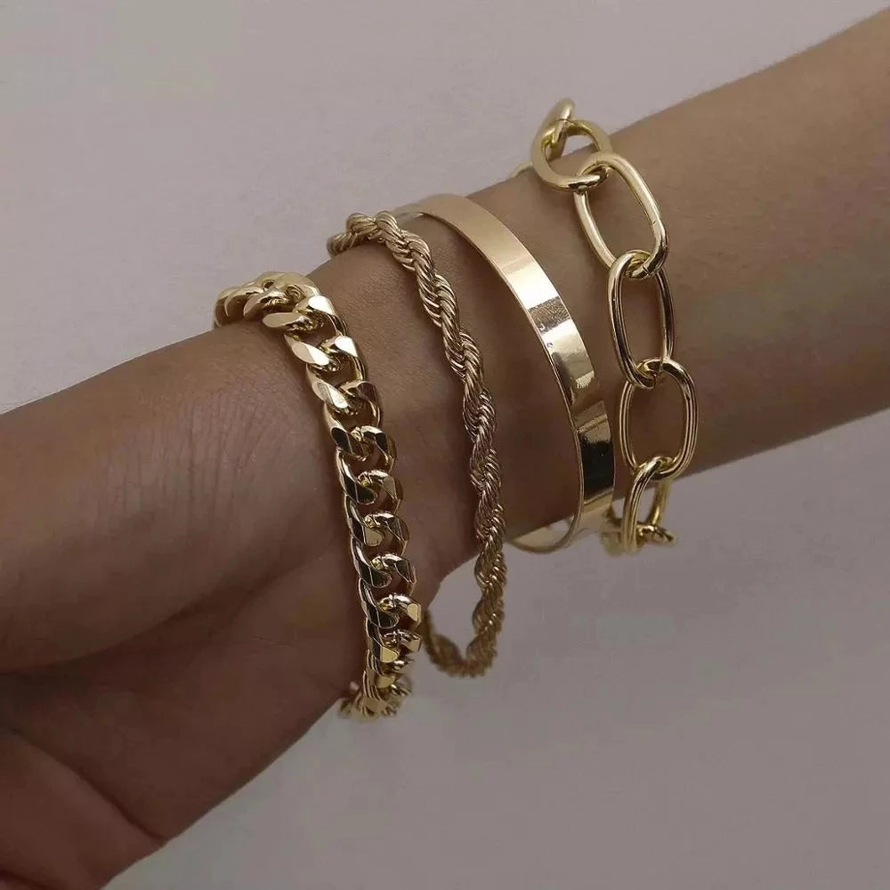 Curb Cuban Chain Bracelets Set for Women, 4 Pcs