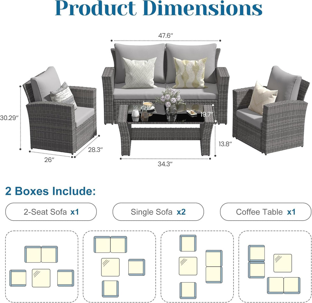 4 Piece Outdoor Patio Furniture Set All Weather Wicker Grey