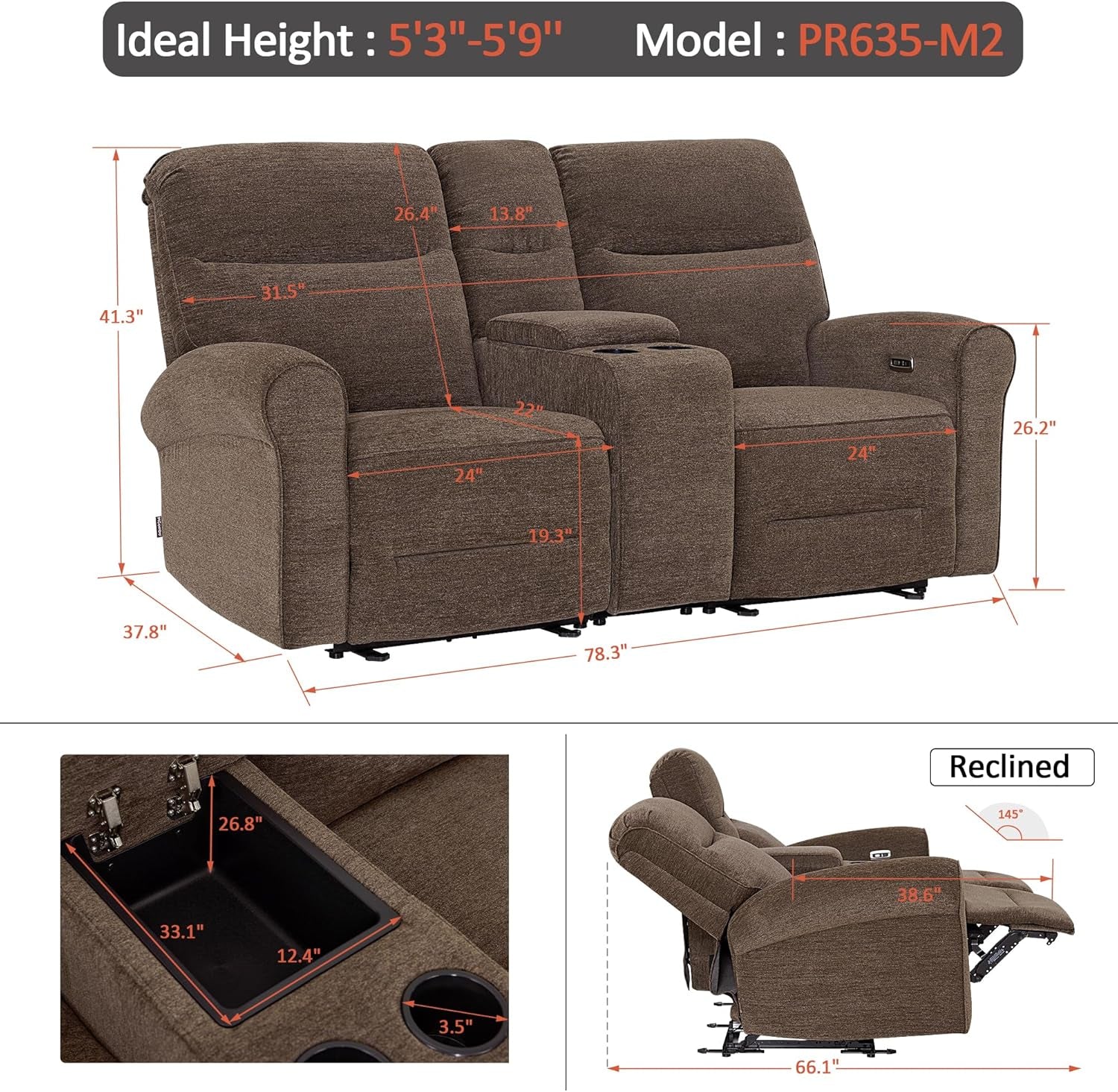 78 Inch Wall Hugger Power Loveseat USB Ports Dark Brown