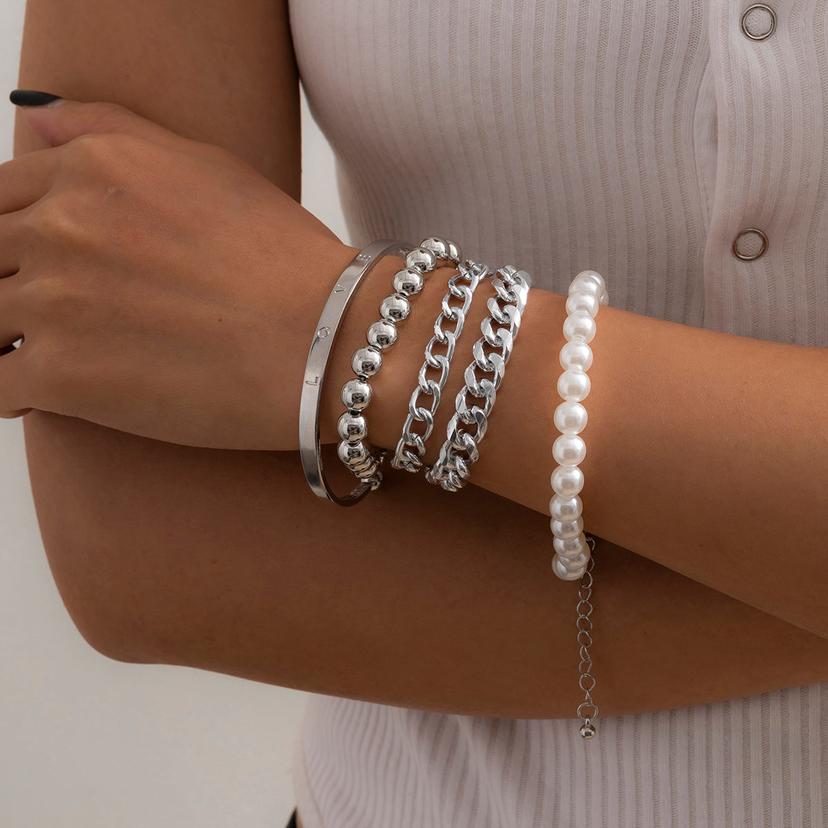 Curb Cuban Chain Bracelets Set for Women, 4 Pcs