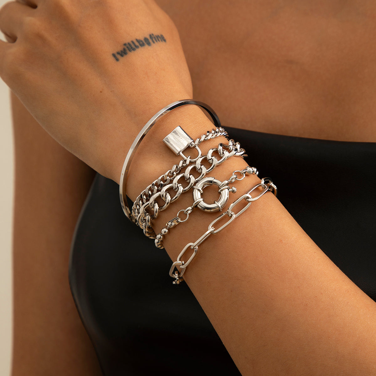 Curb Cuban Chain Bracelets Set for Women, 4 Pcs